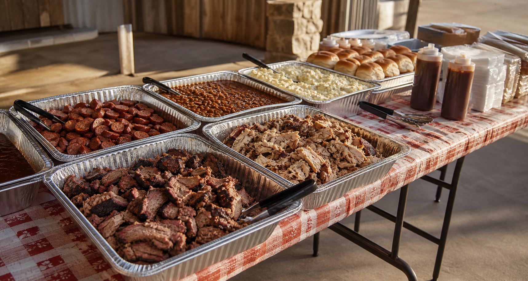 BBQ catering spread with smoked meats, sides, rolls, sauce bottles and serving trays