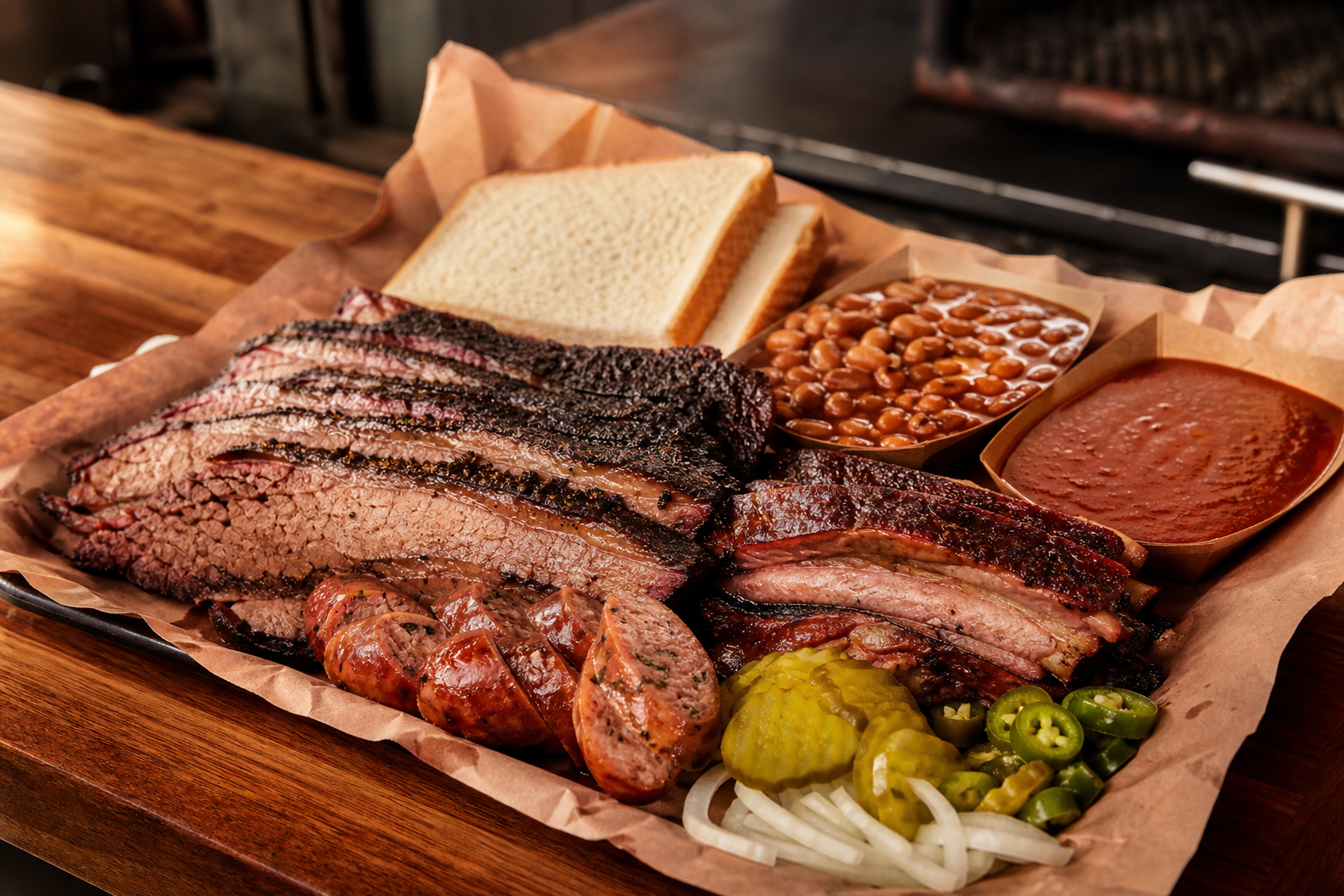 Texas barbecue tray with sliced brisket, ribs, sausage, beans, sauce, pickles, onions and bread
